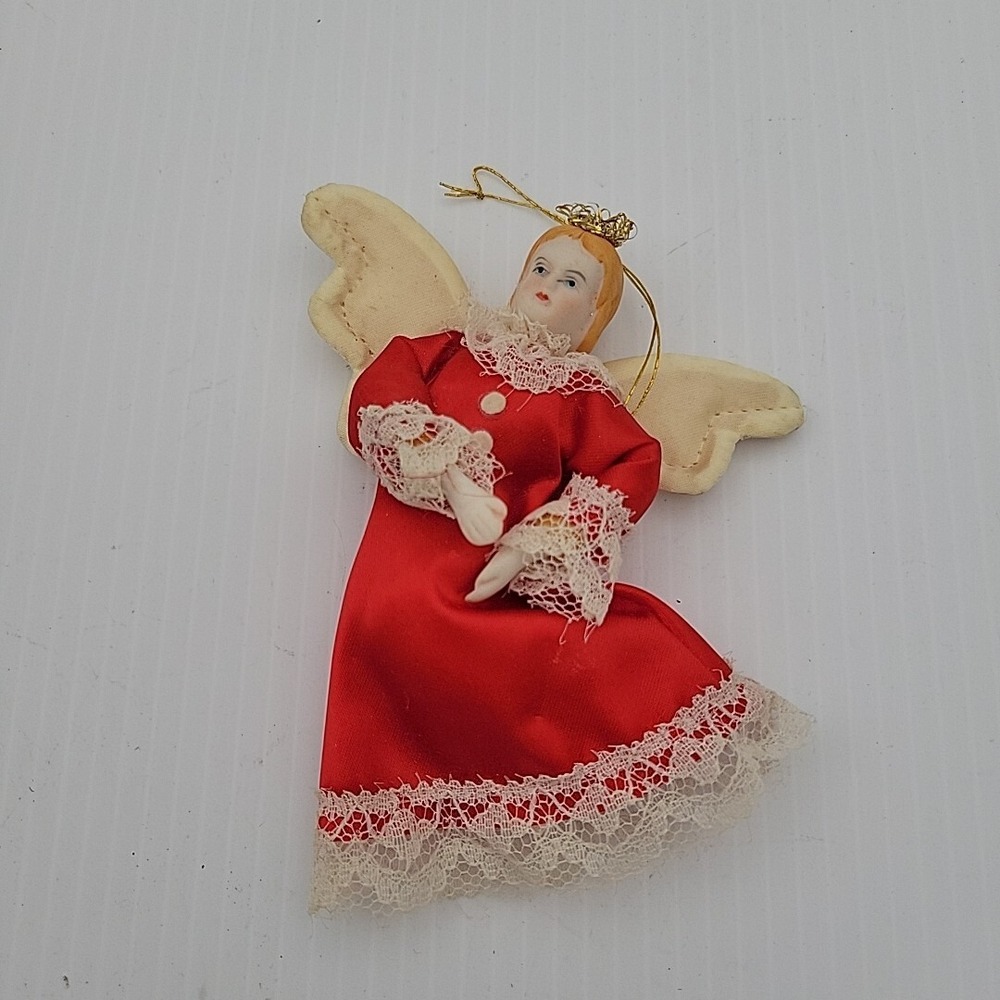 Vtg. Victorian Red Christmas Angel Ornament  Gown‎ Porcelain Face